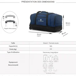 David Jones Sac de voyage à roulettes 105L double compartiment Taille L 75cm