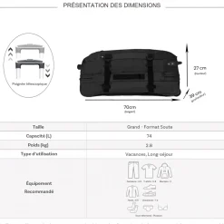 David Jones Sac de voyage cabine à roulettes 74L double compartiment taille L 70cm